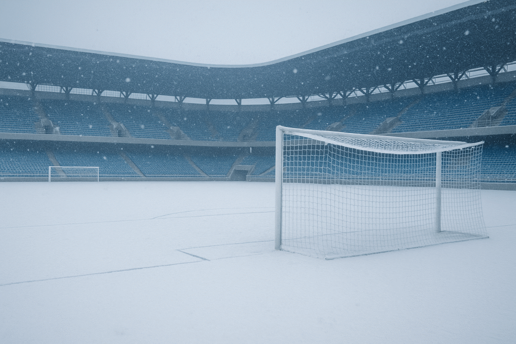 雪のサッカースタジアムの画像